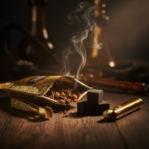 تنباکو تنباکو قلیان روی میز چوبی جلوی قلیان های مدرن در کنار ذغال و فندک