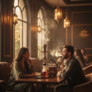 کافه سنتی زوج خوشحال در کافهای با دکور سنتی ایرانی، در حال گفتگو و لذت بردن از فضا و قلیان